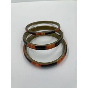 Set Of 3 Brass‎ Enamel Inlay Bangle, Red Orange Brown Colorful Retro bracelet